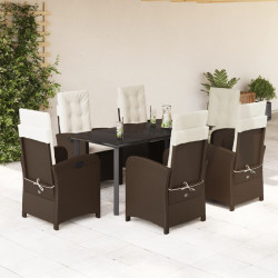 7 Pcs conjunto jantar p/ jardim c/ almofadões vime PE castanho