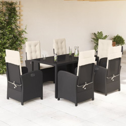 7 Pcs conjunto de jantar p/ jardim c/ almofadões vime PE preto