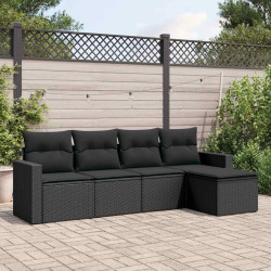 5 Pcs conjunto sofás de jardim com almofadões vime PE preto