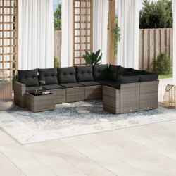 10 Pcs conjunto sofás de jardim c/ almofadões vime PE cinzento