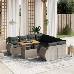 9 Pcs conjunto sofás p/ jardim com almofadões vime PE cinzento