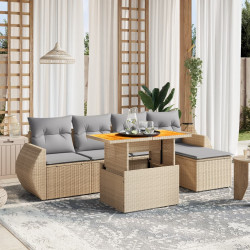 6 Pcs conjunto de sofás p/ jardim com almofadões vime PE bege