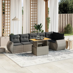 7 Pcs conjunto sofás p/ jardim c/ almofadões vime PE cinzento