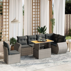 7 Pcs conjunto sofás p/ jardim c/ almofadões vime PE cinzento