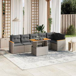 7 Pcs conjunto sofás p/ jardim c/ almofadões vime PE cinzento