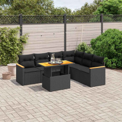 7 Pcs conjunto de sofás p/ jardim c/ almofadões vime PE preto