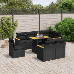 9 Pcs conjunto de sofás p/ jardim c/ almofadões vime PE preto