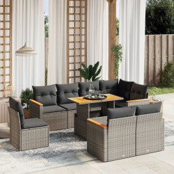 9 Pcs conjunto sofás p/ jardim com almofadões vime PE cinzento