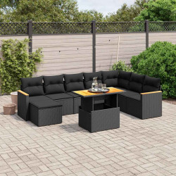9 Pcs conjunto de sofás p/ jardim c/ almofadões vime PE preto