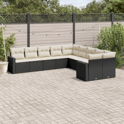 10 Pcs conjunto sofás de jardim c/ almofadões vime PE preto