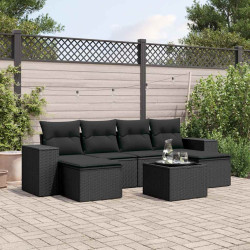 7 Pcs conjunto de sofás p/ jardim c/ almofadões vime PE preto