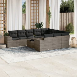 11 Pcs conjunto sofás de jardim c/ almofadões vime PE cinzento