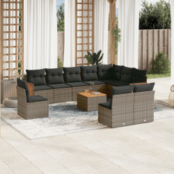 11 Pcs conjunto sofás de jardim c/ almofadões vime PE cinzento