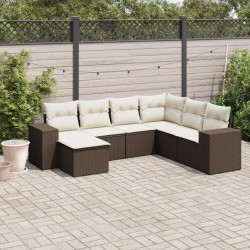 7 Pcs conjunto de sofás jardim c/ almofadões vime PE castanho