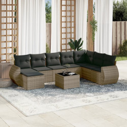 9 Pcs conjunto sofás p/ jardim com almofadões vime PE cinzento
