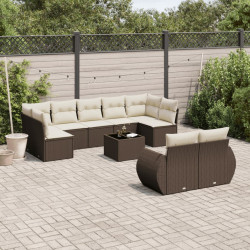 10 Pcs conj. sofás jardim com almofadões vime PE castanho
