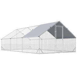 Galinheiro de Exterior Grande 3x6x2m Gaiola para 12-18 Galinhas de Aço Galvanizado com Teto de PE e Fechadura para Coelhos Prata
