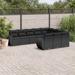 10 Pcs conjunto sofás de jardim c/ almofadões vime PE preto