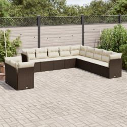 11 Pcs conjunto sofás de jardim c/ almofadões vime PE castanho