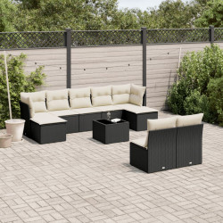 10 Pcs conjunto sofás de jardim c/ almofadões vime PE preto