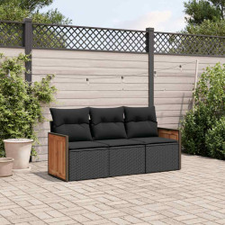 3 Pcs conjunto sofás de jardim com almofadões vime PE preto