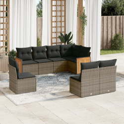 8 Pcs conjunto sofás de jardim c/ almofadões vime PE cinzento