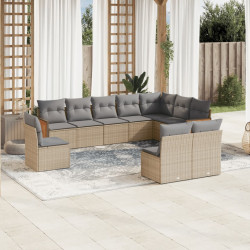 10 Pcs conjunto de sofás p/ jardim com almofadões vime PE bege