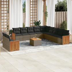 12 Pcs conjunto de sofás jardim c/ almofadões vime PE cinzento