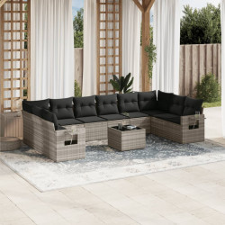 11 Pcs conjunto sofás de jardim c/ almofadões vime PE cinzento