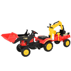 Trator de pedais para crianças acima de 3 anos com reboque e pá frontal 179x42x59 cm vermelho