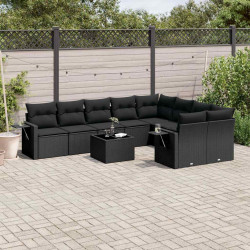 10 Pcs conjunto sofás de jardim c/ almofadões vime PE preto