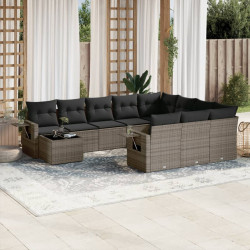 11 Pcs conjunto sofás de jardim c/ almofadões vime PE cinzento