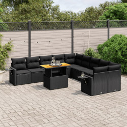 11 Pcs conjunto sofás de jardim c/ almofadões vime PE preto