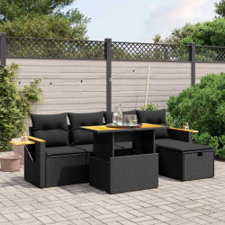 6 Pcs conjunto sofás de jardim c/ almofadões vime PE preto