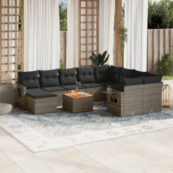 11 Pcs conjunto sofás de jardim c/ almofadões vime PE cinzento