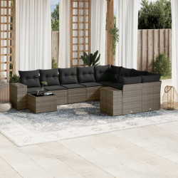 10 Pcs conjunto sofás de jardim c/ almofadões vime PE cinzento