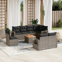 9 Pcs conjunto sofás p/ jardim com almofadões vime PE cinzento