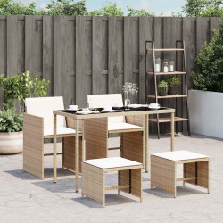 5 Pcs conjunto de jantar p/ jardim com almofadões vime PE bege