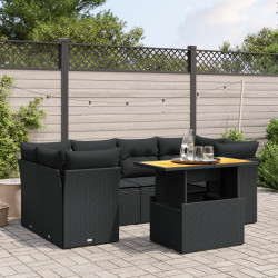 7 Pcs conjunto de sofás p/ jardim c/ almofadões vime PE preto
