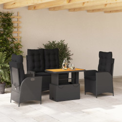 4 Pcs conjunto de jardim p/ jardim c/ almofadões vime PE preto