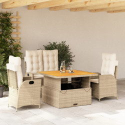 4 Pcs conjunto de jantar p/ jardim c/ almofadões vime PE bege