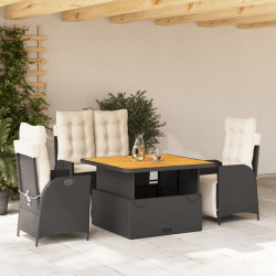 4 Pcs conjunto de jardim p/ jardim c/ almofadões vime PE preto