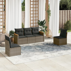 5 Pcs conjunto sofás de jardim c/ almofadões vime PE cinzento