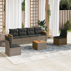 7 Pcs conjunto sofás p/ jardim c/ almofadões vime PE cinzento
