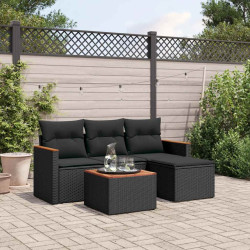 5 Pcs conjunto sofás de jardim com almofadões vime PE preto