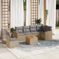 7 Pcs conj. sofás jardim c/ almofadões vime PE bege misturado