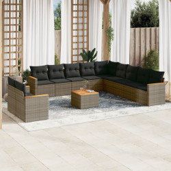 12 Pcs conjunto de sofás jardim c/ almofadões vime PE cinzento