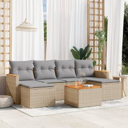 7 Pcs conj. sofás jardim c/ almofadões vime PE bege misturado