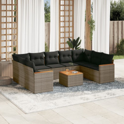 10 Pcs conjunto sofás de jardim c/ almofadões vime PE cinzento