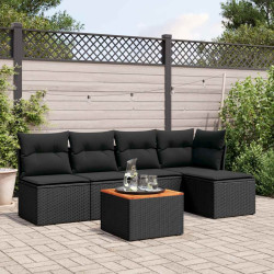 6 Pcs conjunto sofás de jardim c/ almofadões vime PE preto